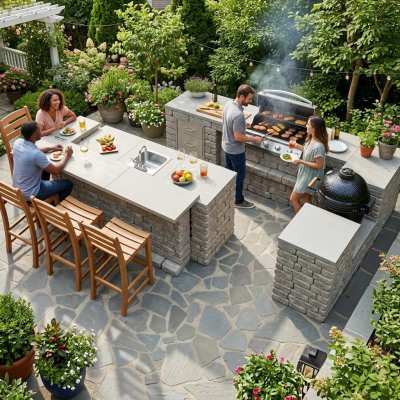 Overhead view of stone outdoor kitchen layout