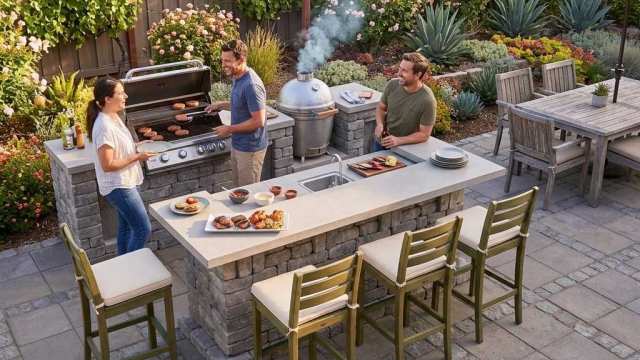 Modular stone outdoor kitchen with bar, grill, and kamado smoker